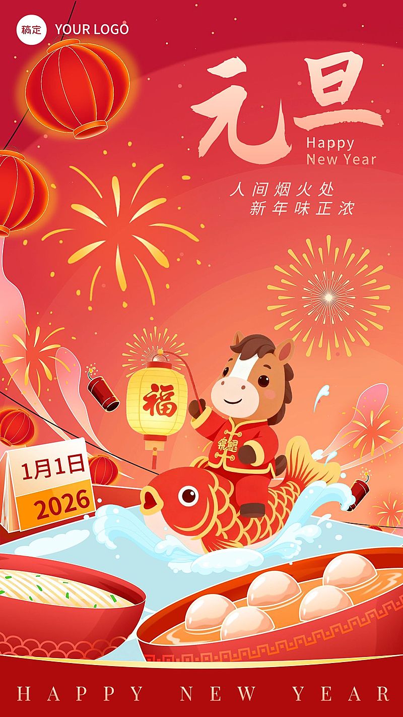 元旦2026新年金融保险节日祝福插画手机海报