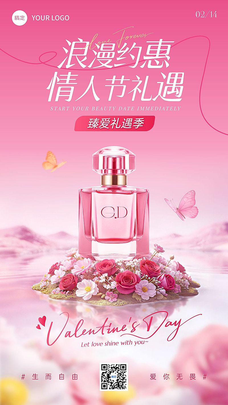 情人节营销卖货美容美妆浪漫感竖版海报