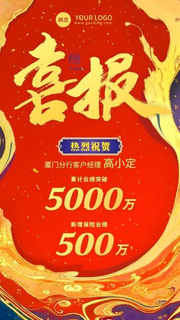金融保险开门红销售业绩表彰喜报国潮风大字手机海报AIGC预览效果