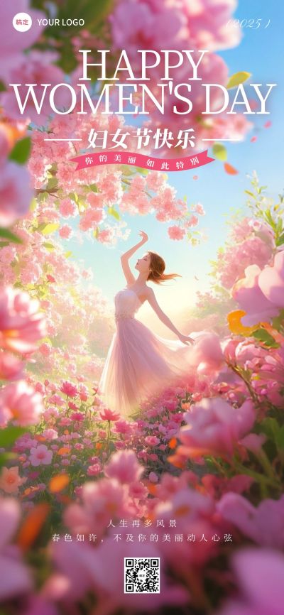 三八妇女节女神节节日祝福唯美感全屏竖版海报AIGC