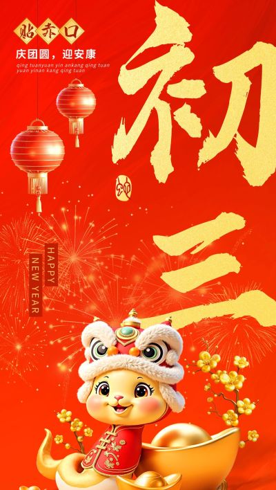 春节蛇年大年初三节日祝福3D喜庆全屏竖版海报
