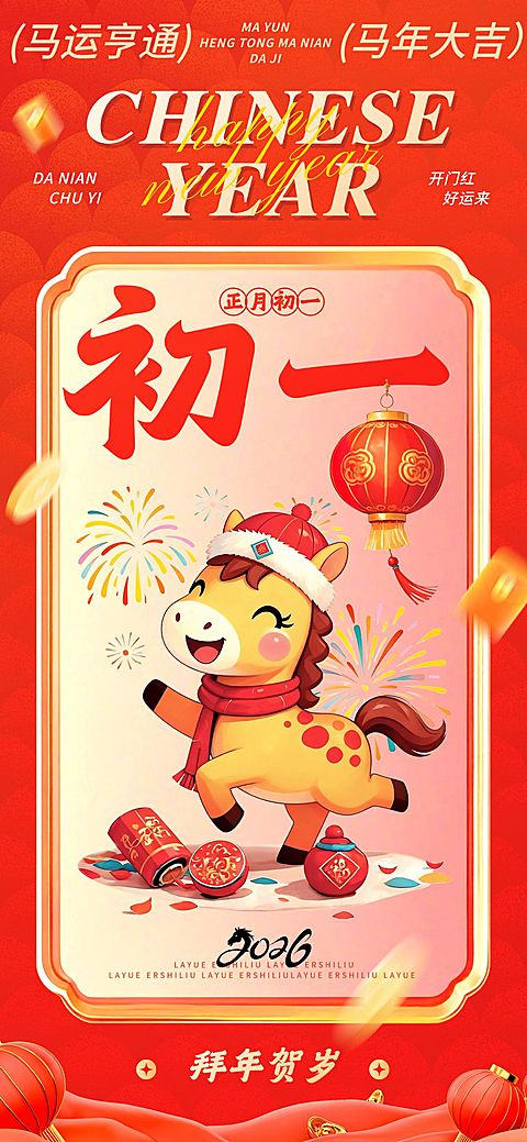 春节大年初一节日祝福中式插画全屏竖版海报套系