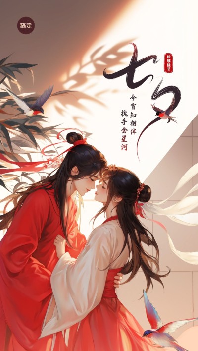 七夕情人节国风小说插画节日祝福光影感全屏海报手机海报aigc