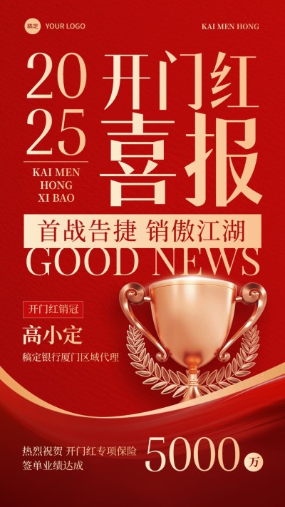 金融保险开门红销售业绩表彰喜报大字喜庆手机海报AIGC