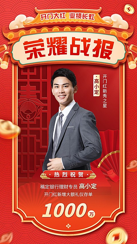 金融银行销售业绩表彰人物喜报中式感手机海报