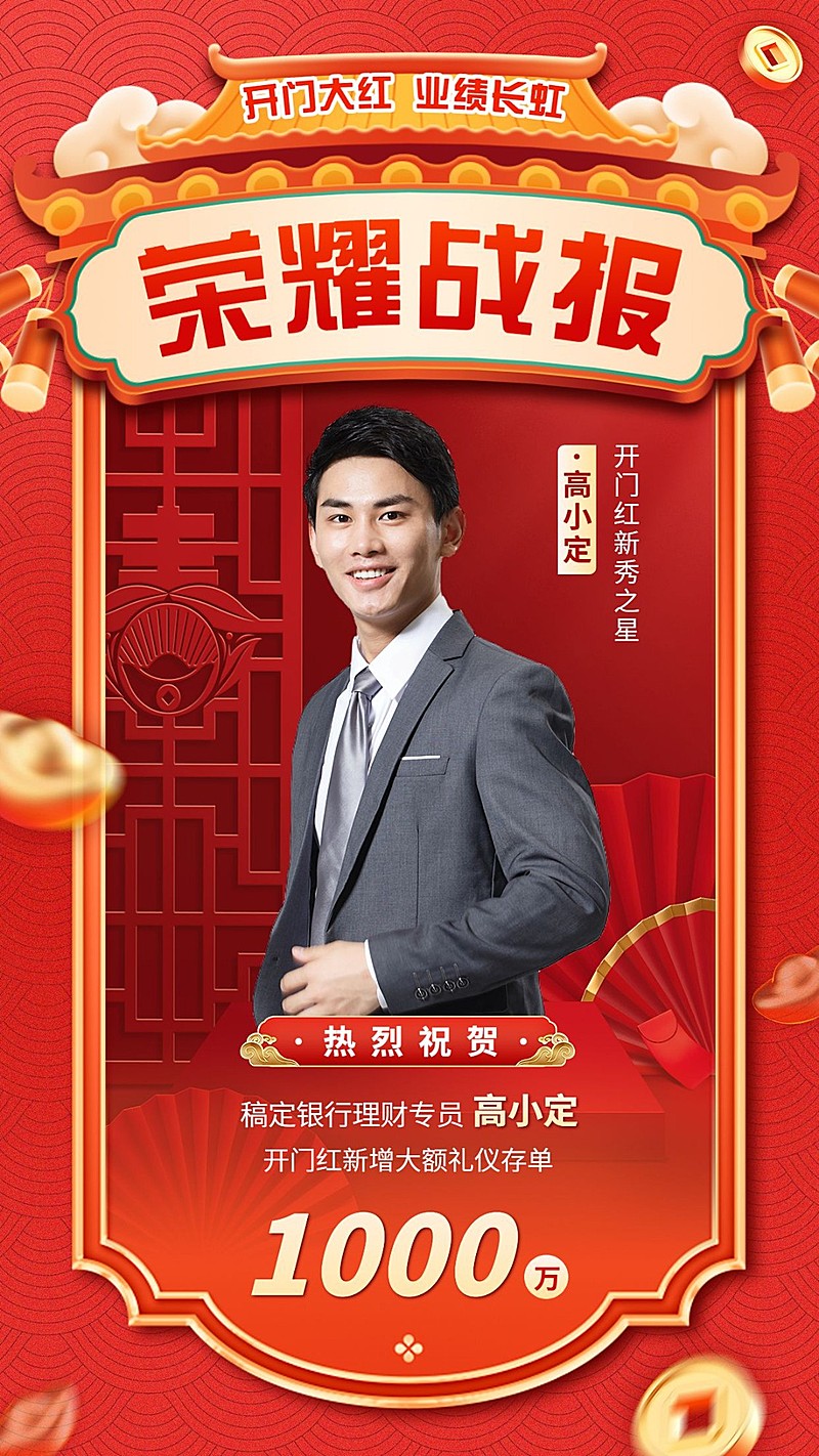 金融银行销售业绩表彰人物喜报中式感手机海报