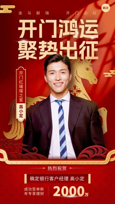 开门红金融保险银行马年人物业绩喜报手机海报预览效果