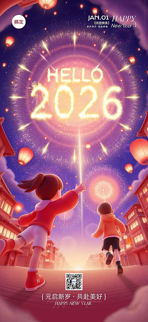 元旦2026跨年节日祝福全屏竖版海报