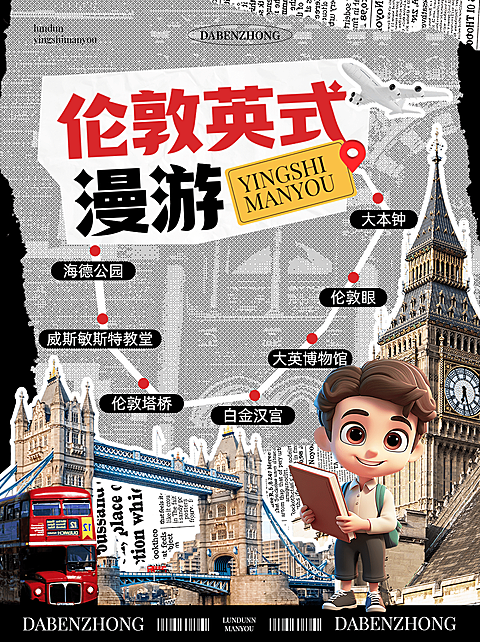旅游攻略撕纸描边小红书封面aigc