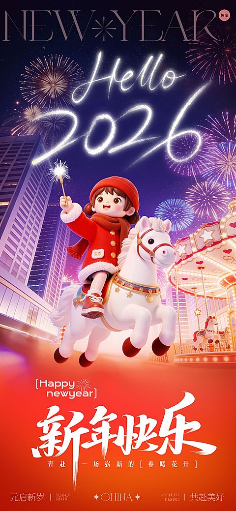 元旦节日祝福通用2026新年3d趣味感全屏竖版海报