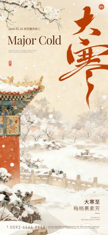 大寒节气祝福中式感建筑梅花通用全屏竖版海报预览效果