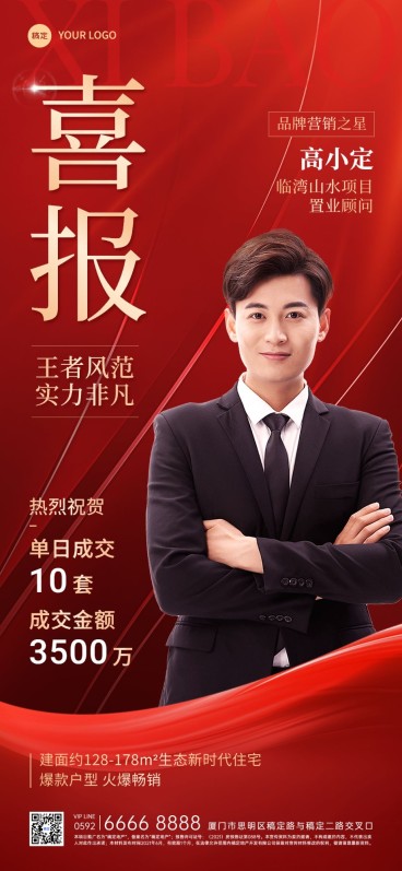 房地产销售中介加推业绩表彰人物喜报全屏竖版海报预览效果