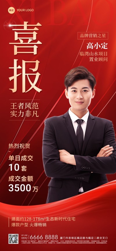 房地产销售中介加推业绩表彰人物喜报全屏竖版海报