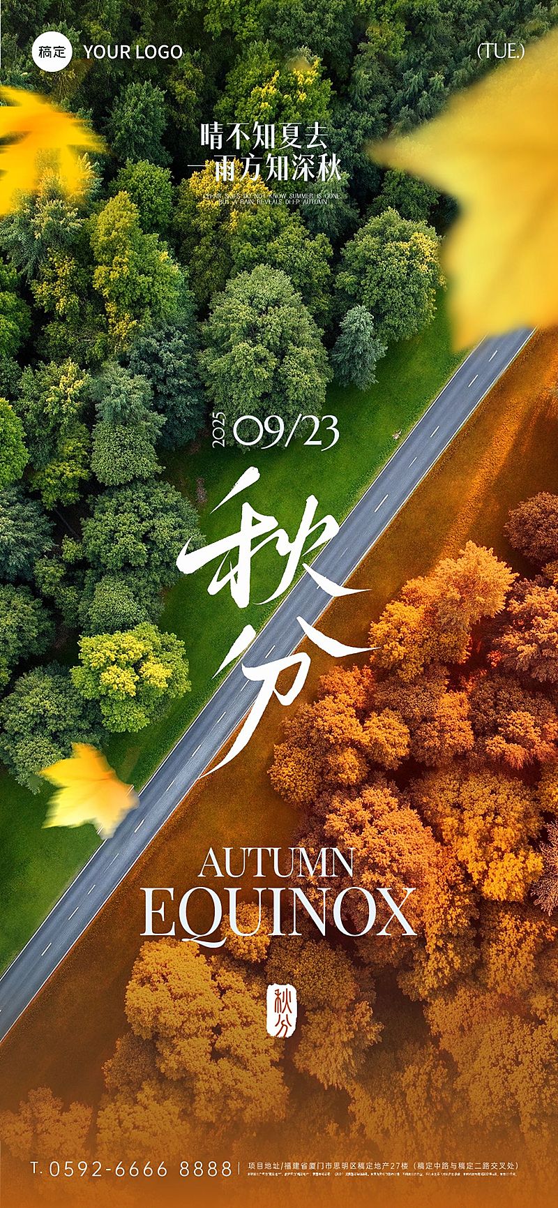 秋分节气祝福实景感拼色树林海报AIGC