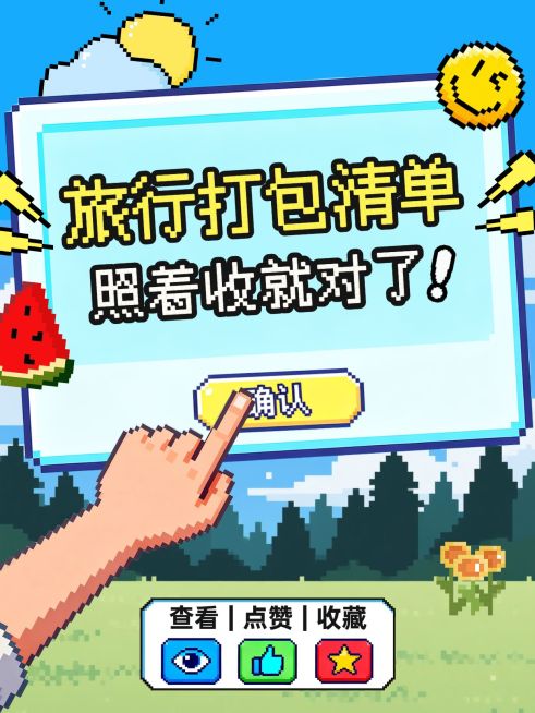 旅游出行攻略指南必备物品清单分享像素风爆款大字小红书封面预览效果