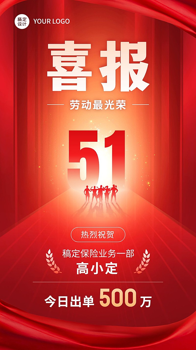 五一劳动节金融保险销售表彰业绩喜报喜庆手机海报