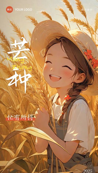 芒种节气祝福光影感全屏竖版海报AIGC