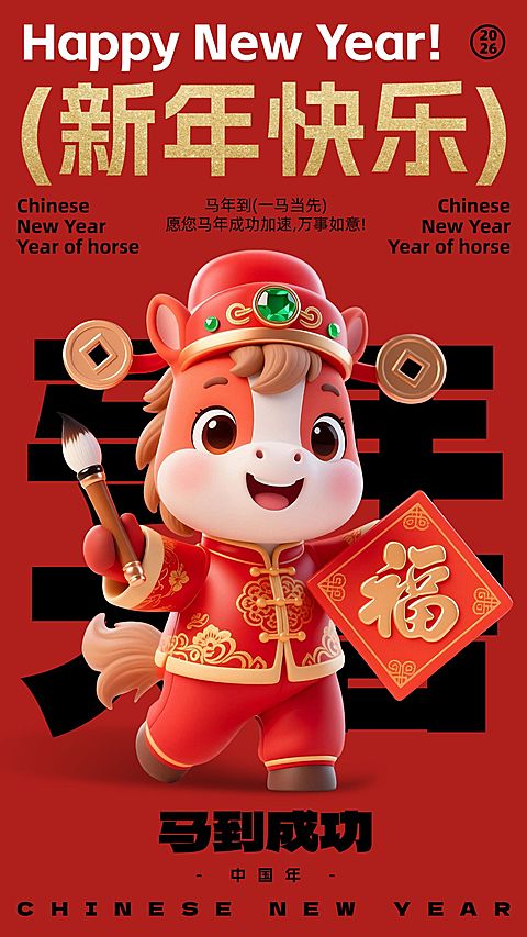 元旦节日祝福趣味感喜庆感全屏竖版海报