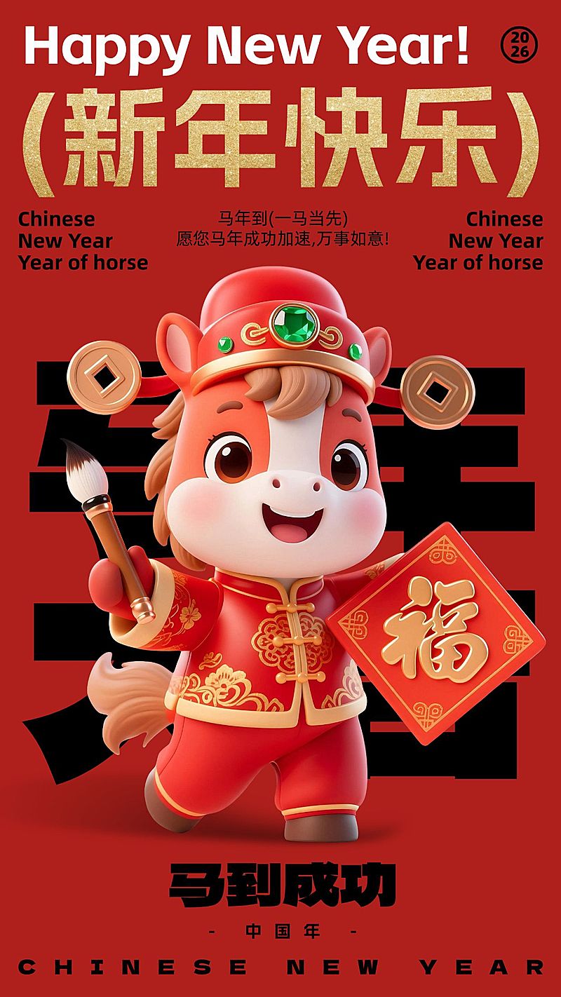 元旦节日祝福趣味感喜庆感全屏竖版海报