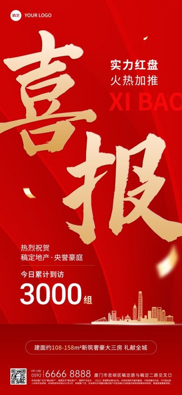 房地产销售中介加推业绩表彰喜报全屏竖版海报预览效果