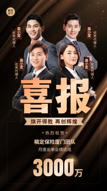 金融保险团队销售表彰多人喜报黑金奢华风手机海报预览效果