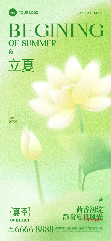 立夏弥散肌理莲花荷叶插画背景全屏海报预览效果