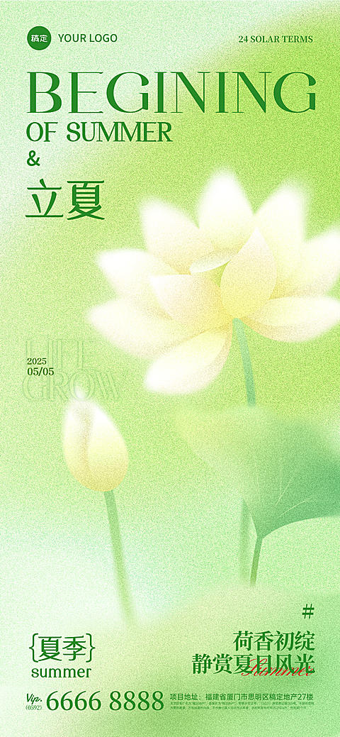 立夏弥散肌理莲花荷叶插画背景全屏海报