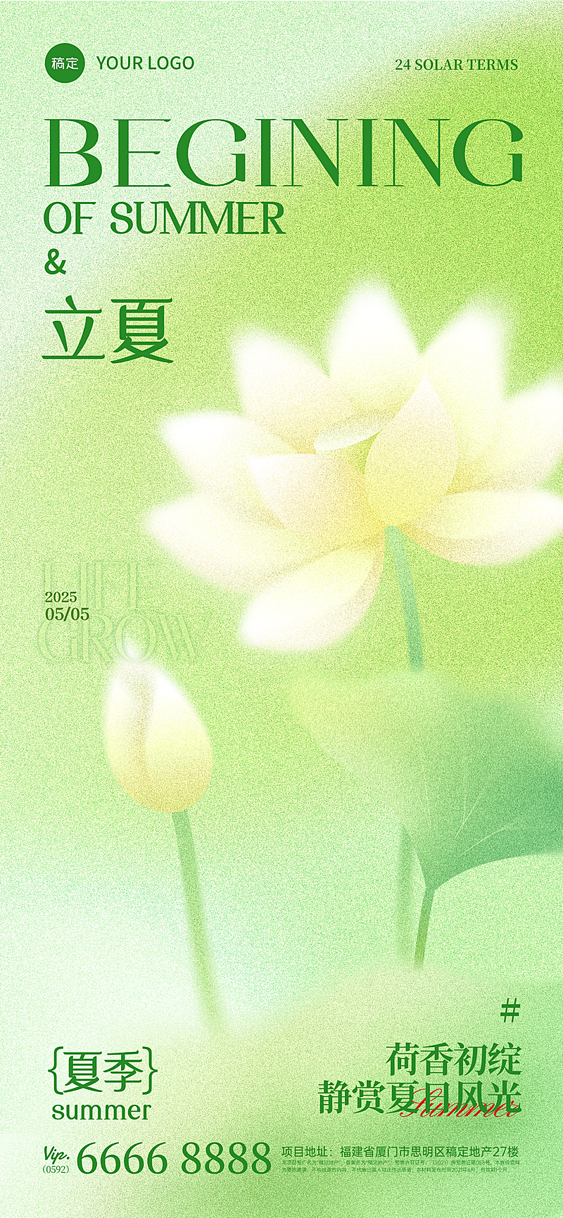 立夏弥散肌理莲花荷叶插画背景全屏海报