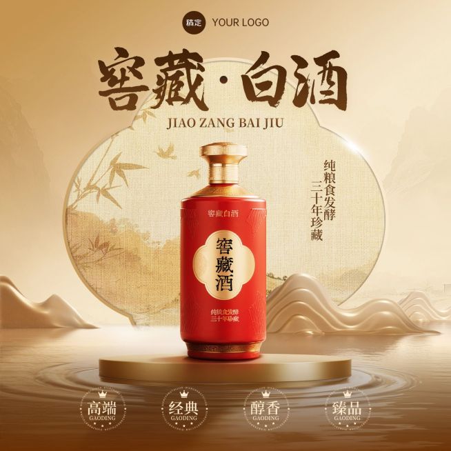 白酒酒水茶叶金色中式感轻奢感背景商品主图AIGC预览效果