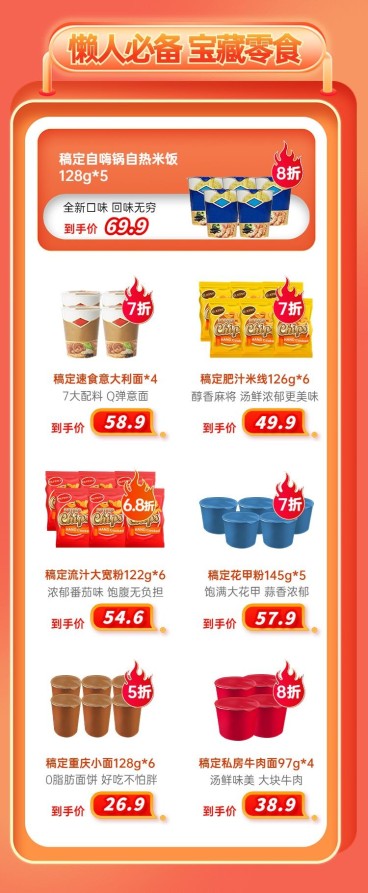 双十一大促橙色零食饮品商品关联列表预览效果