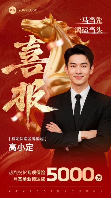 开门红金融保险银行马年人物业绩喜报手机海报预览效果