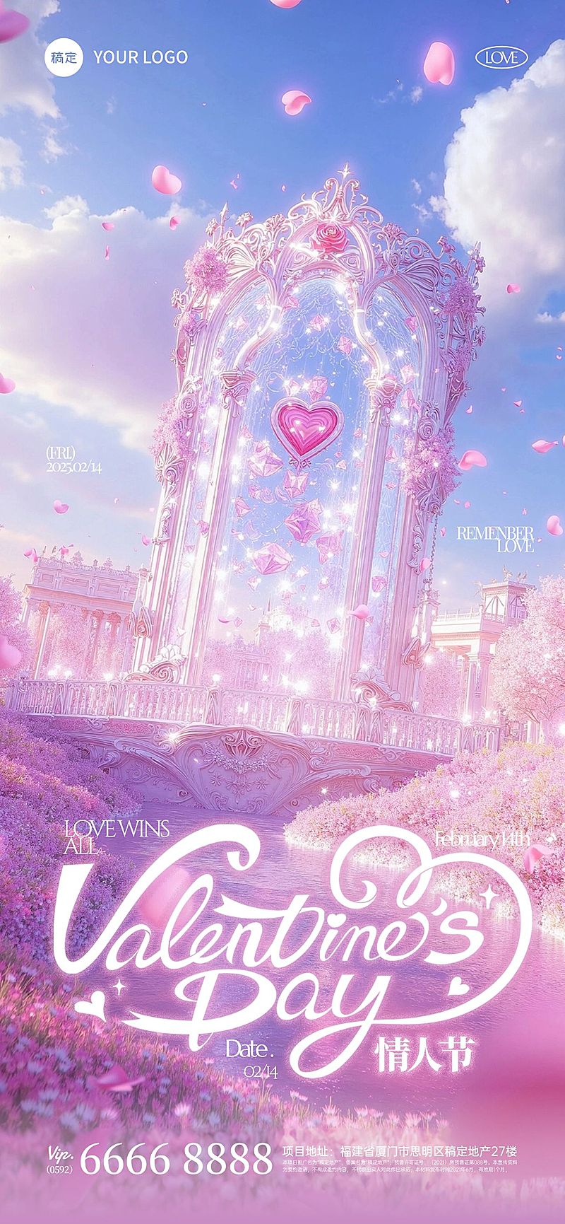 情人节水晶城堡虚拟自然浪漫感海报AIGC