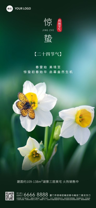 惊蛰房地产销售中介节气祝福问候实景风全屏海报预览效果