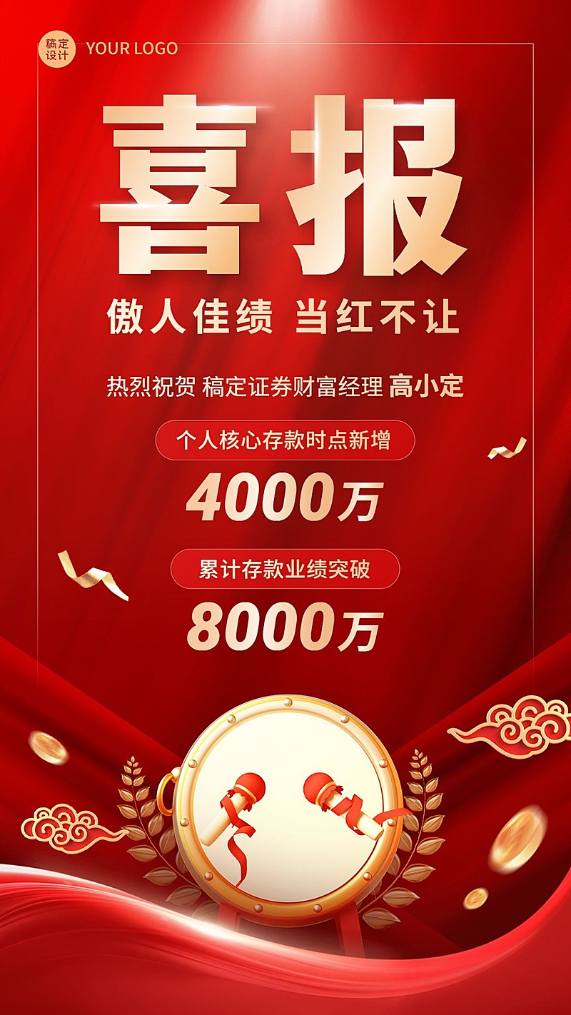 金融证券销售业绩表彰喜报红金喜庆风手机海报
