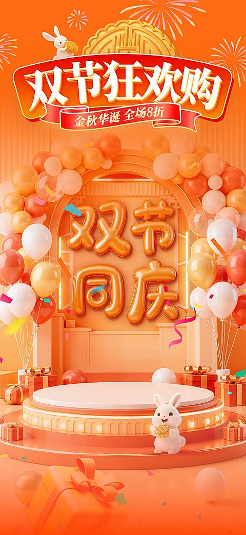 中秋国庆双节电商营销趣味感大字竖版直播间背景AIGC