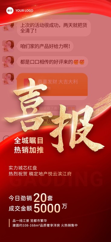 房地产销售中介加推业绩表彰喜报全屏竖版海报预览效果