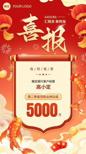 金融银行销售业绩表彰喜报国潮风手机海报预览效果