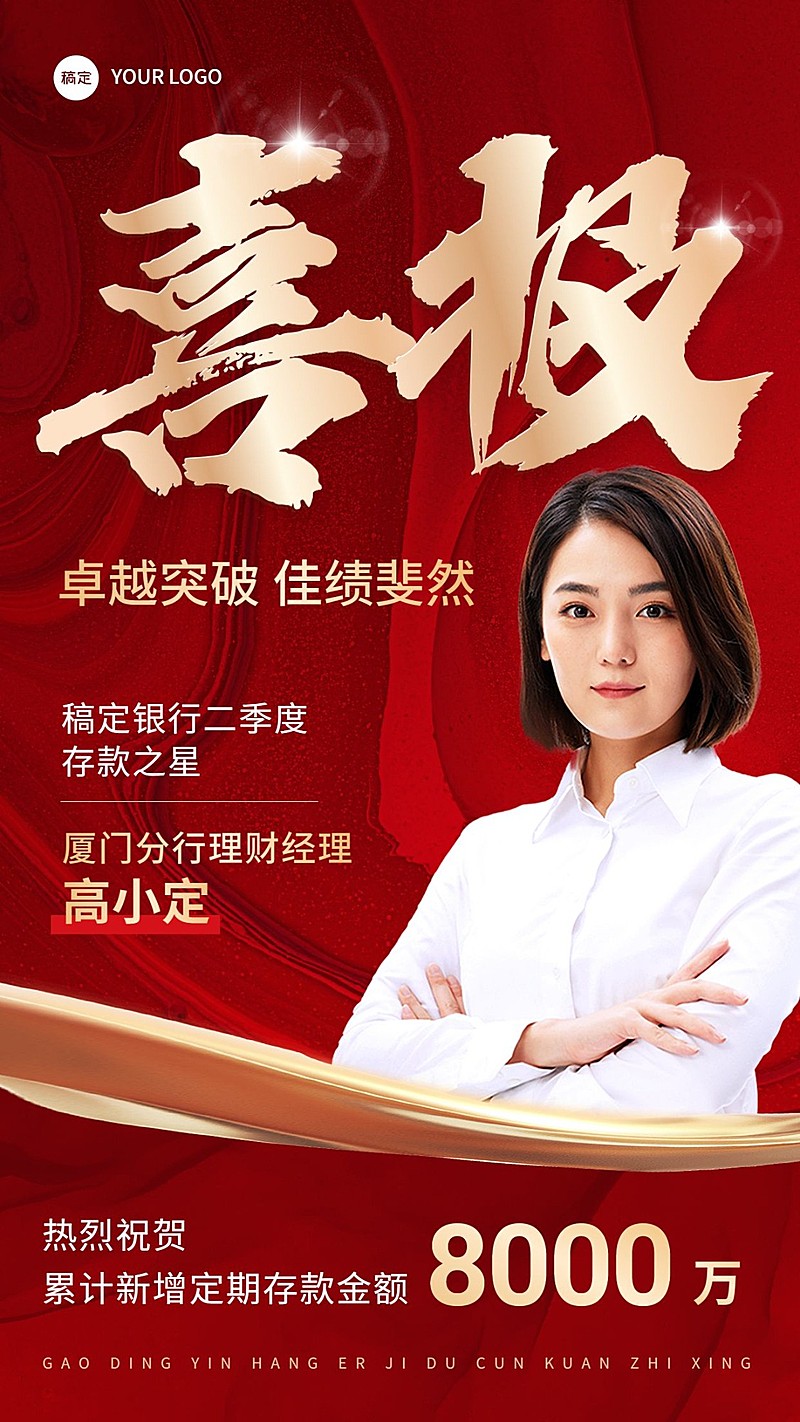 金融银行销售业绩表彰人物喜报喜庆风手机海报