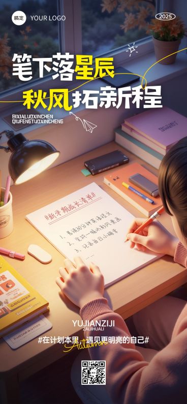 秋季开学季新学期祝福温馨感全屏竖版海报AIGC预览效果