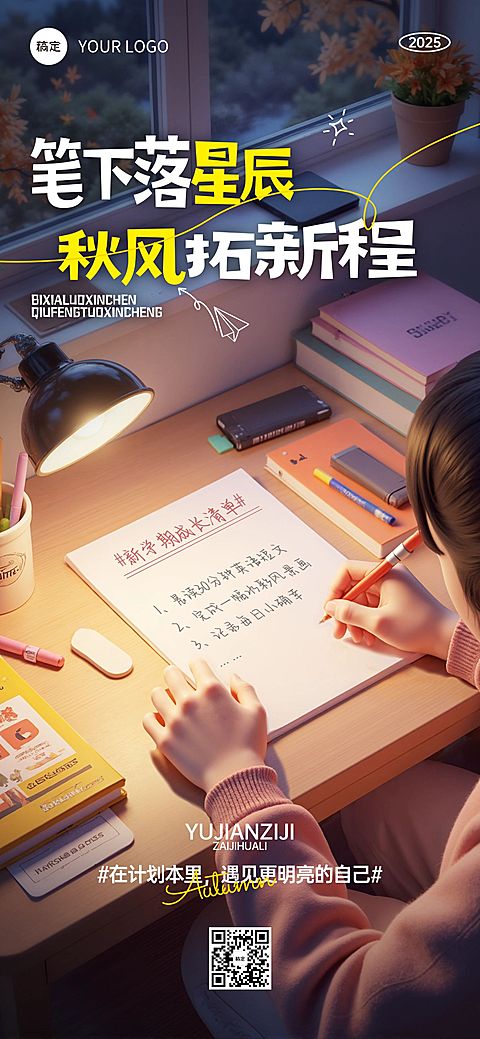 秋季开学季新学期祝福温馨感全屏竖版海报AIGC