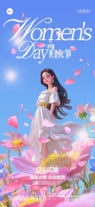 三八妇女节浪漫感女神花朵天空海报AIGC预览效果