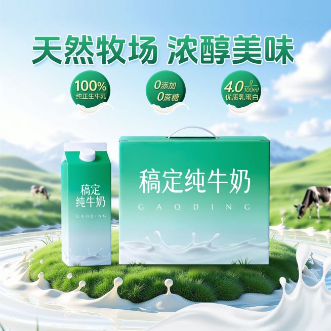 绿色牛奶草原草地背景商品主图AIGC预览效果