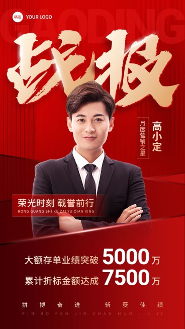 金融银行销售业绩表彰人物喜报大字喜庆风手机海报预览效果