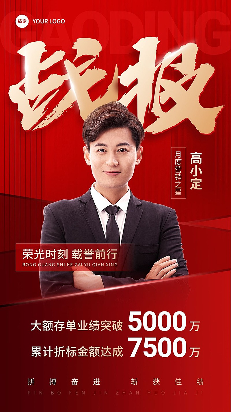 金融银行销售业绩表彰人物喜报大字喜庆风手机海报