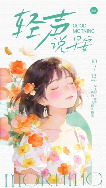 日签早安问候正能量语录插画女孩手机海报预览效果