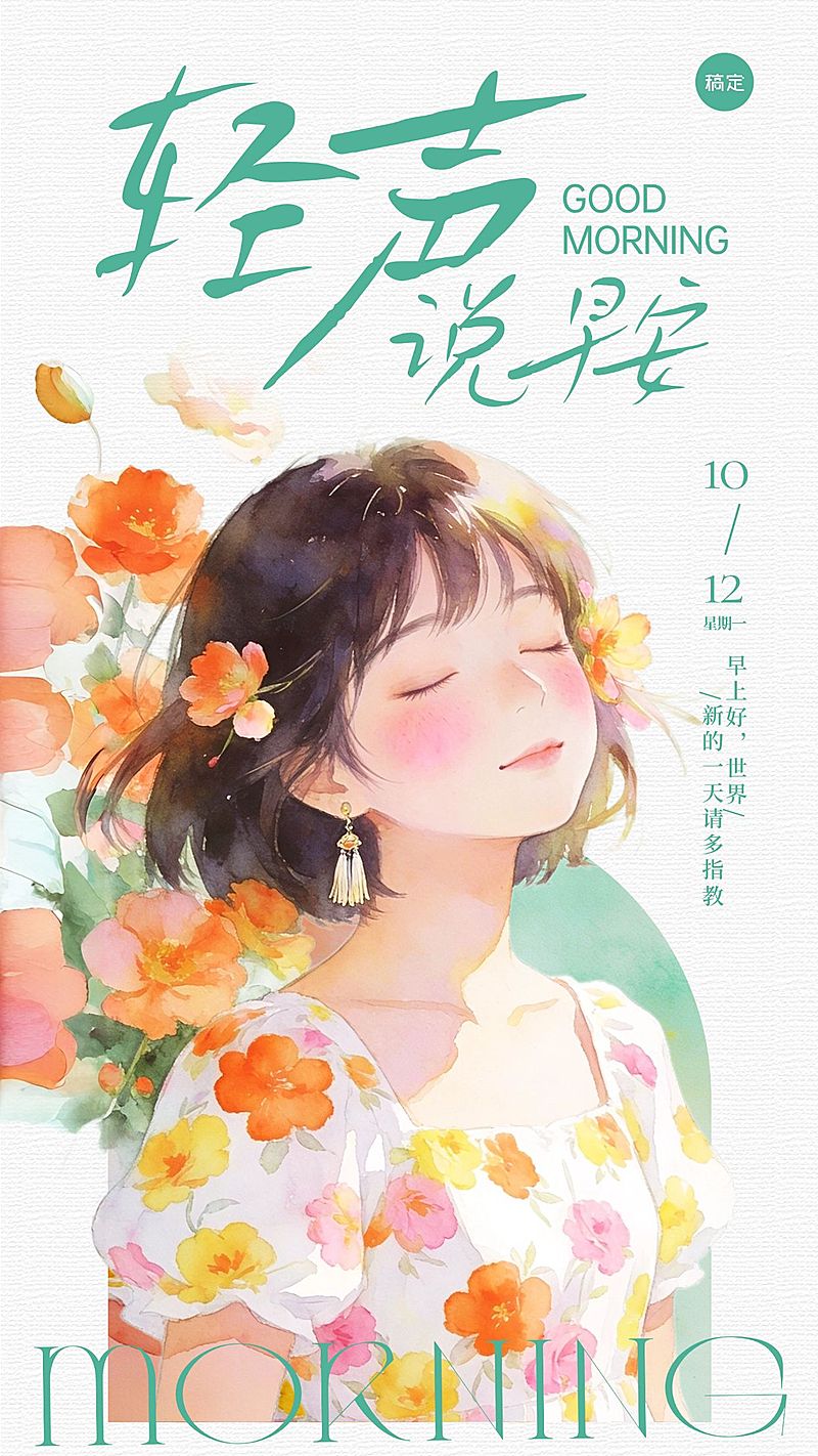 日签早安问候正能量语录插画女孩手机海报