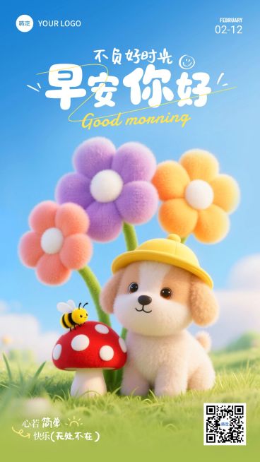 可爱治愈感早安问候日签海报预览效果