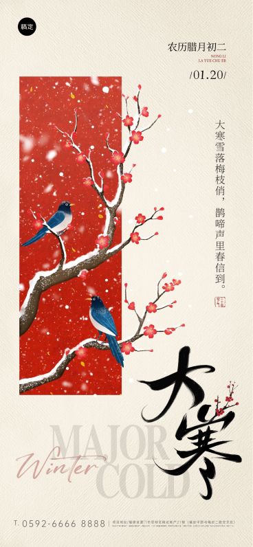 大寒节气祝福中式感花鸟通用全屏竖版海报预览效果