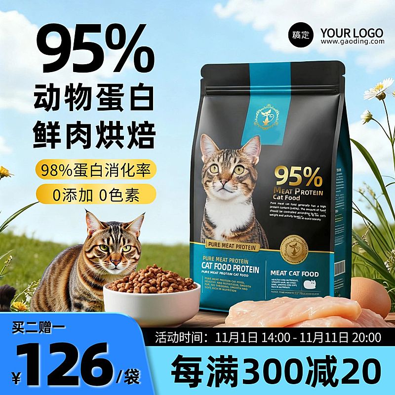 宠物食品猫粮草地背景商品主图AIGC