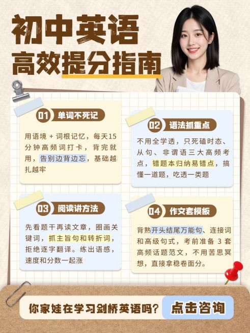 教育培训K12教育初中英语学习提分指南人像小红书配图预览效果